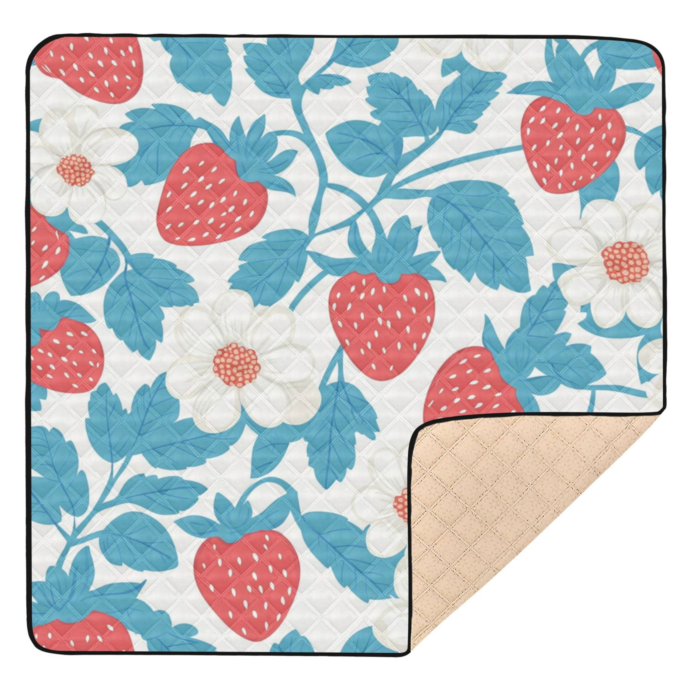 WOBOGO Retro Strawberry and Daisy Pattern Baby Playmats Extra Large Waterproof Rollable Activity Pads for Toddlers 50×50inch