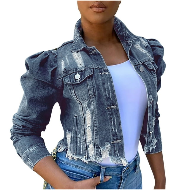 CEHVOM Women's Street Short Lapel Frayed Breasted Denim Puff Sleeve Slim Denim Jacket