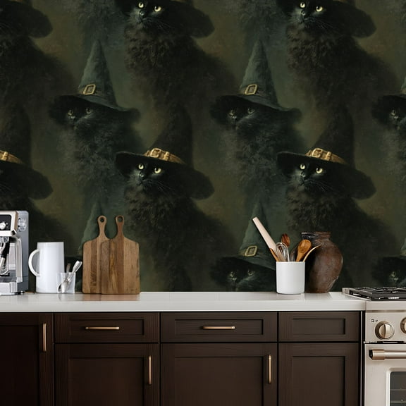 Gothic Peel and Stick Wallpaper Halloween Vintage Gothic Witchy Dark Academia Ghost Black Cat Witch Contact Paper 17.7in x 9.8ft Wallpaper Removable Self Adhesive Wall Paper for Bedroom