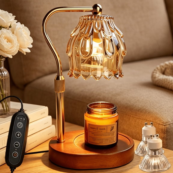 Mitzzllc Electric Candle Warmer Lamp with Timer & Dimmer, Adjustable Height, Flower Glass Shade, Fits Most Jar Candles, Includes 2 Bulbs