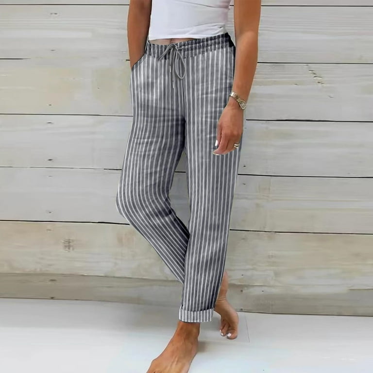 Striped Pants Grey Paperbag Pants Women's Cotton Linen Pants With