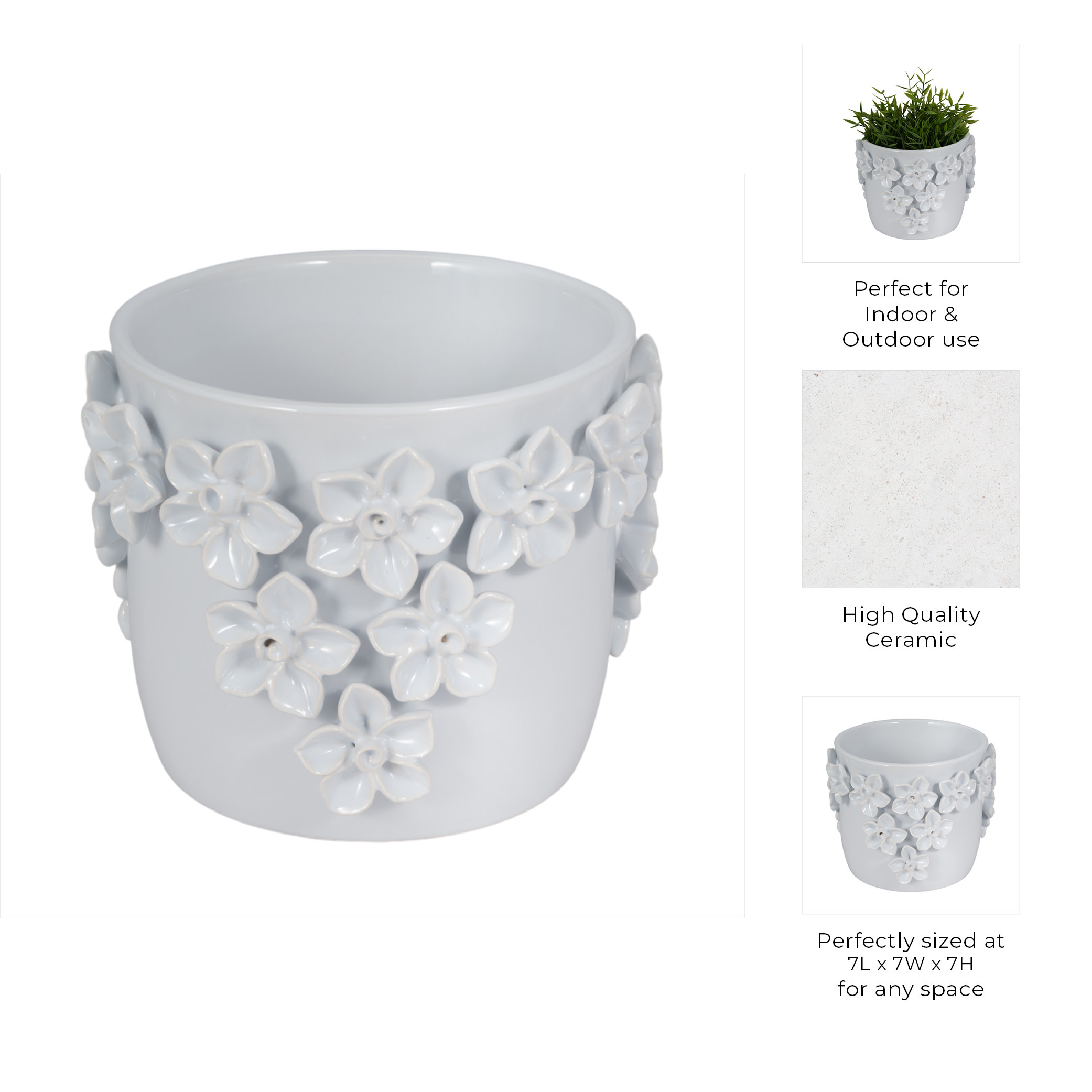Ceramic Floral Planter for Home Decor - Decorative Flower Pot for Outdoor and Indoor Plant Styling - Ideal Plant Pot for Entryway Table, Patio Display, and Living Room Decor - 7", White