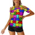 Colorful Jigsaw Puzzle Pattern Slit Sleeve Cold Shoulder Print Women T