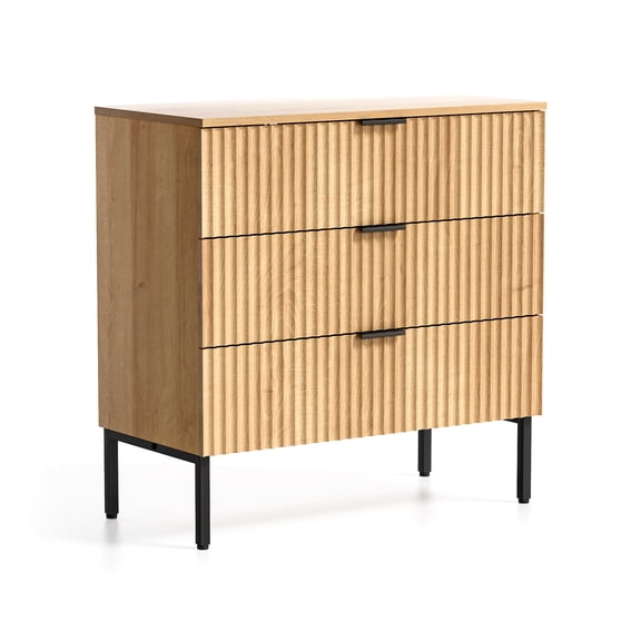Joyyskill Fluted 3 Drawer Dresser, Wood Chest of Drawers with Storage Modern Wide Nightstand Bedside with Metal Legs and Black Handles, Natural Oak