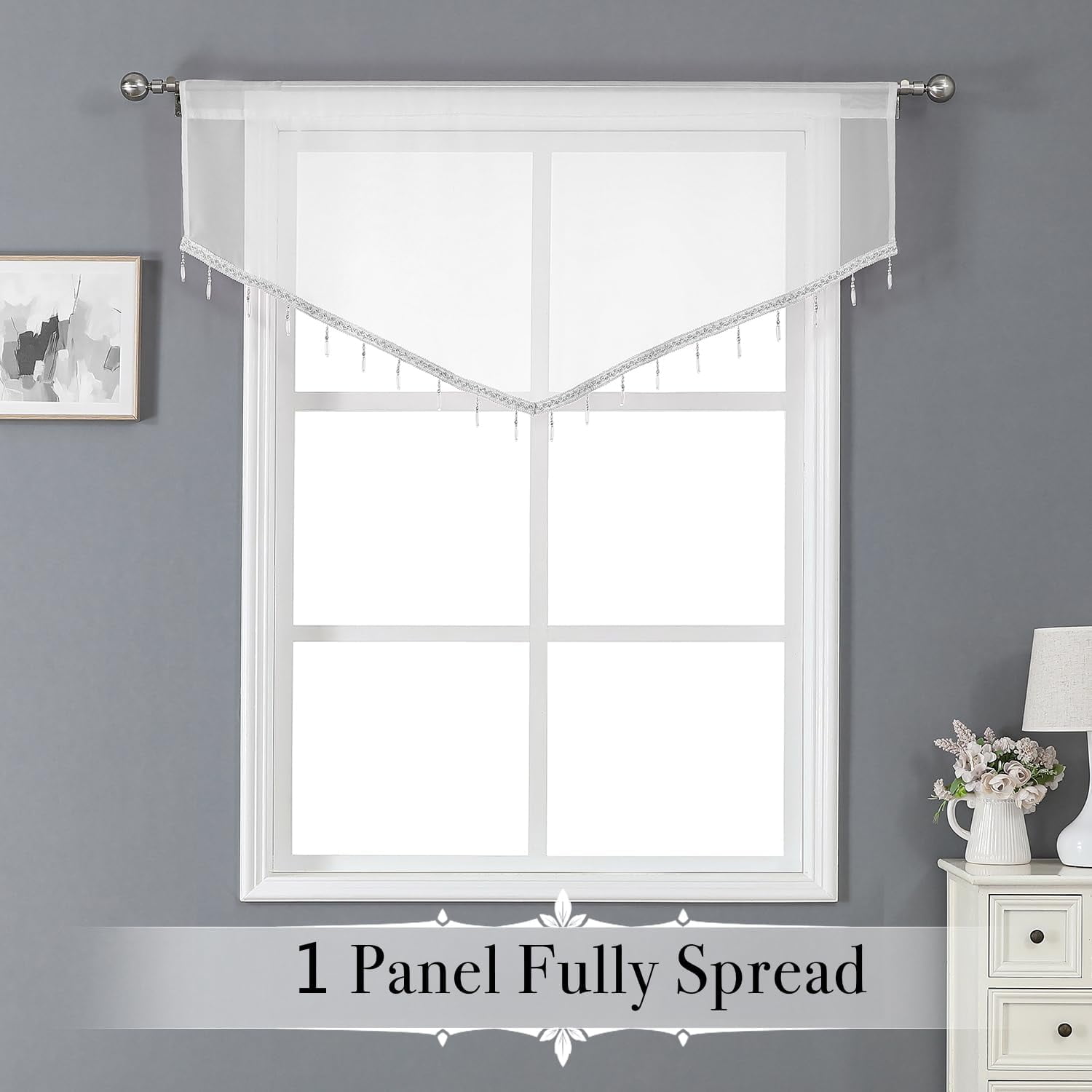Kiibsot 3-Pack Halloween Beaded Sheer Valance Curtains for Windows, Triangle Sheer Voile Kitchen Swag Curtain Valances Boho Bead Tassels Window Valances for Bedroom Living Room, Each 51 x 24 Inch