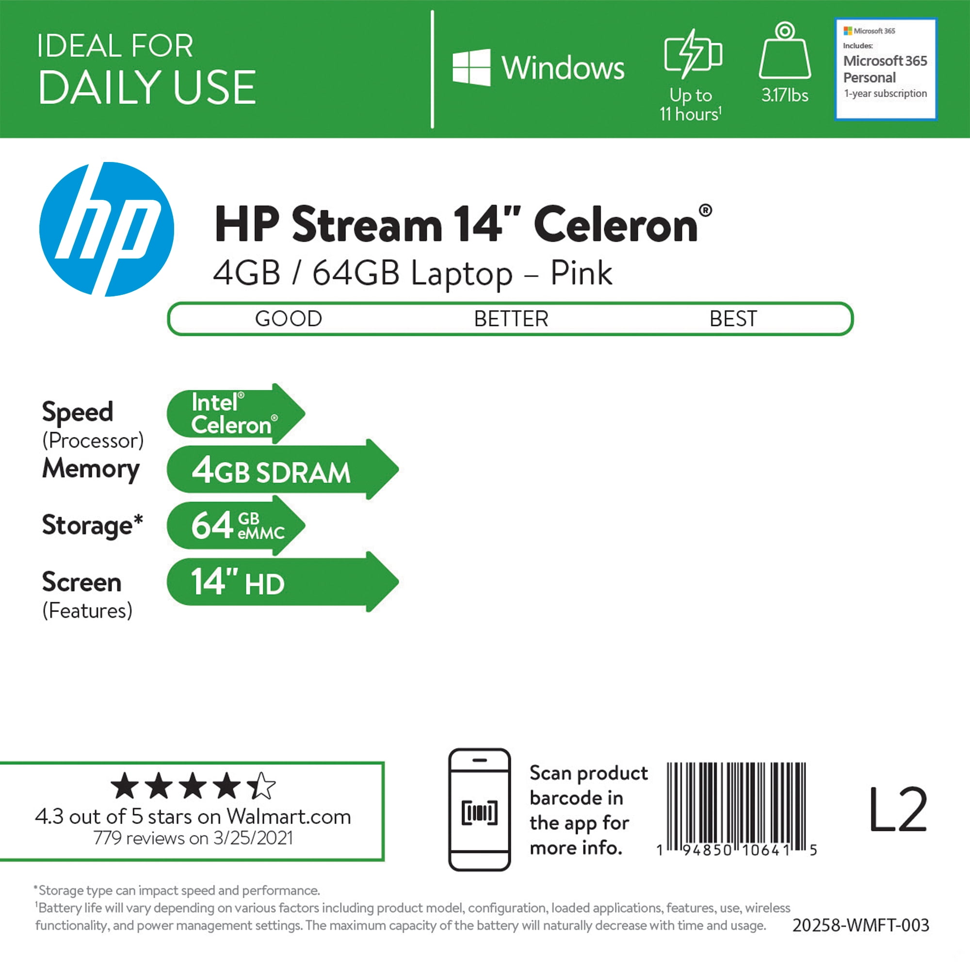 HP Stream 14", Intel Celeron N4020, 4GB RAM, 64GB eMMC, Rose Pink,  Windows 10 (S Mode), 14-cb172wm - Walmart