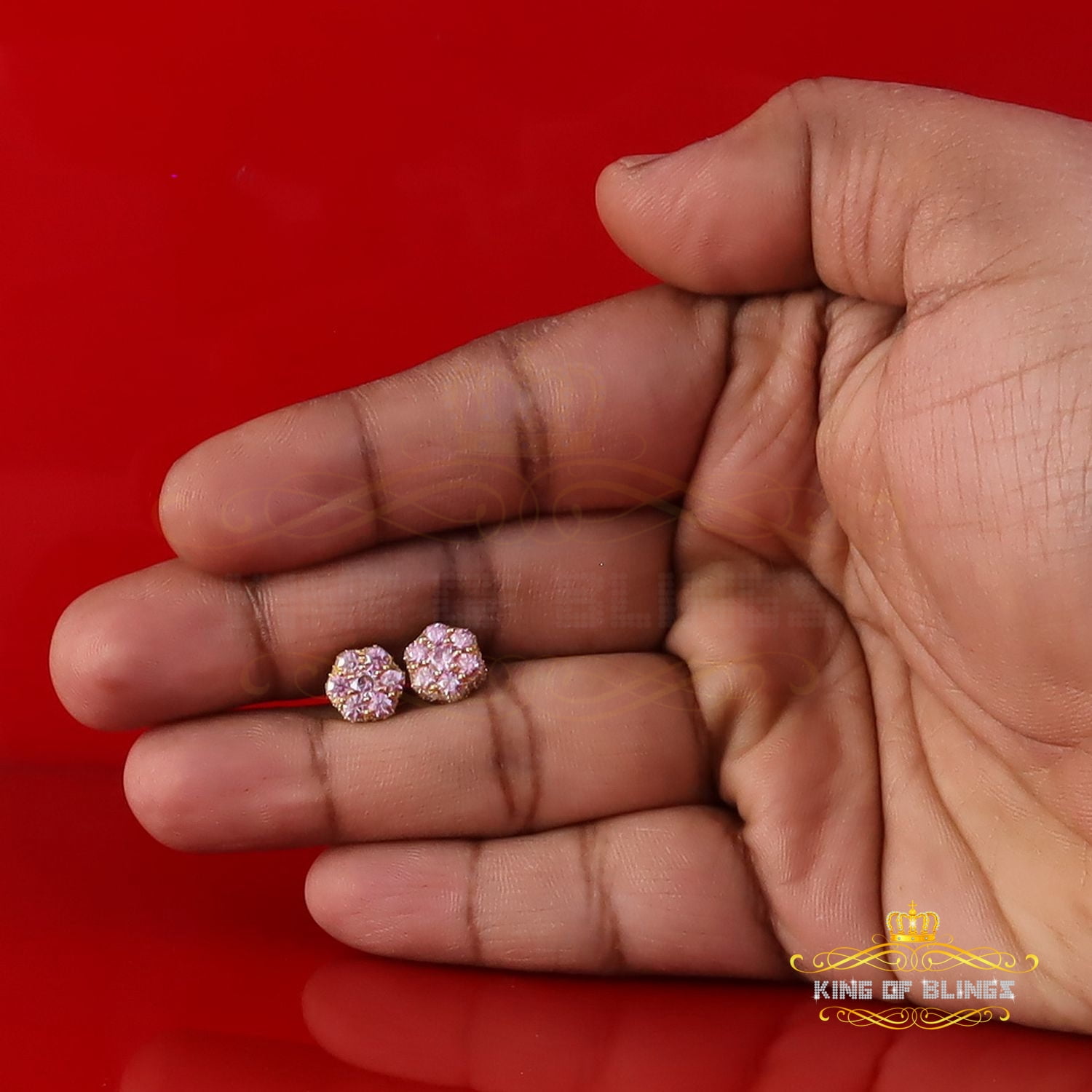 King of Bling's 2.00CT VVS D Pink Moissanite Men's/Women 925 Yellow Silver Floral Stud Earrings