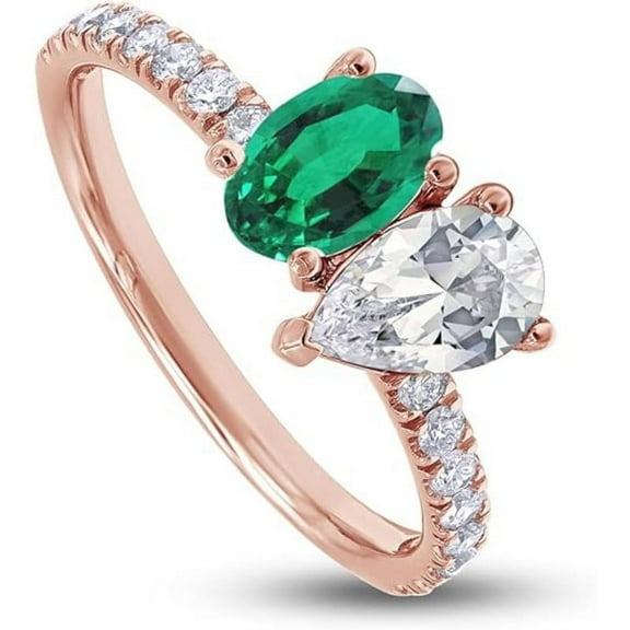925 Sterling Silver 14K Rose Gold Plating Oval Shape Green Emerald & Pear Cut White Diamond Toi Et Moi Half Eternity Wedding Engagement Ring For Women