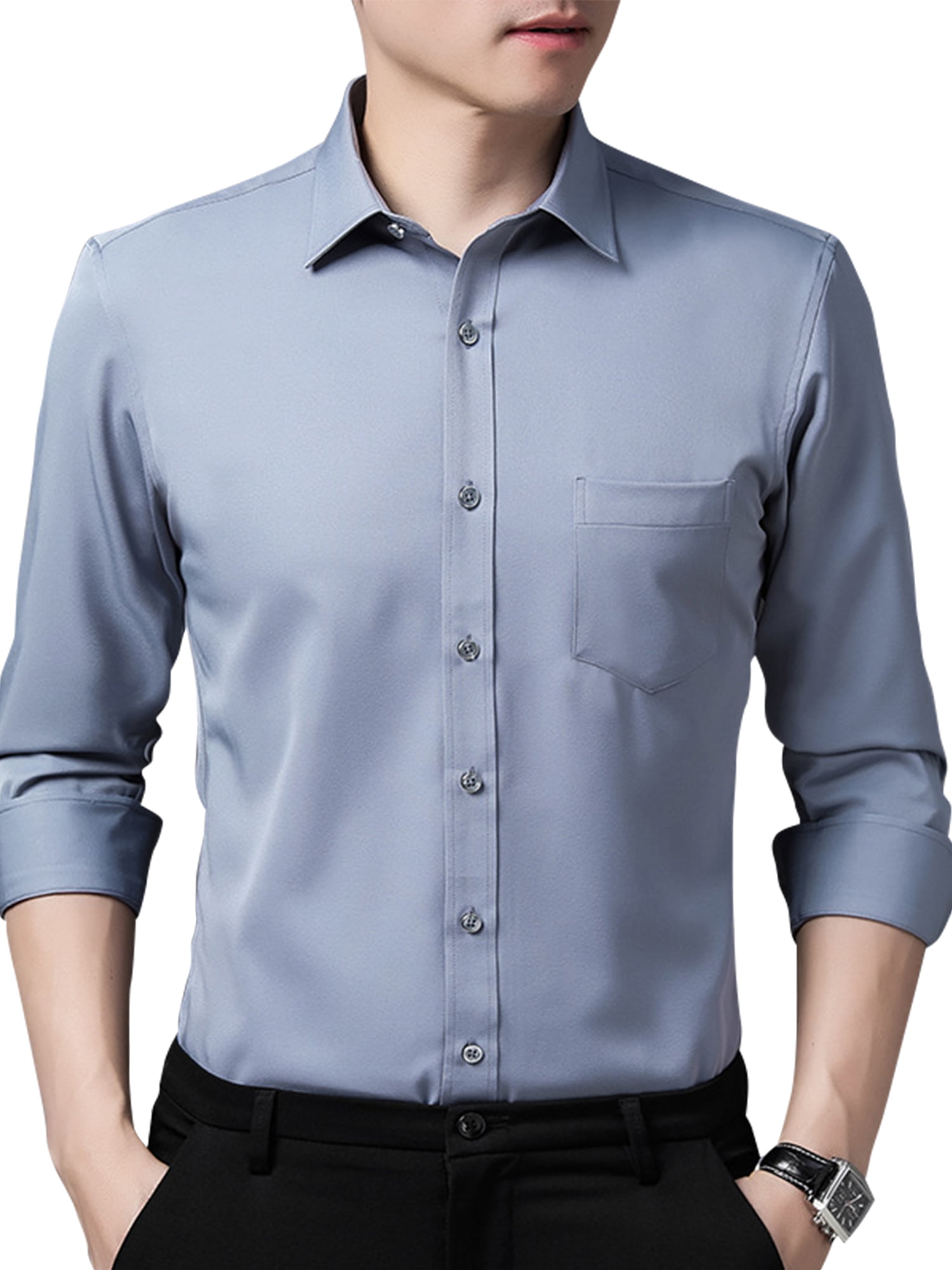 Sweatwater Mens Casual Button-Down Long Sleeve Business Pure Colour Slim Fit Dress Shirt 