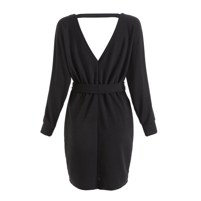 Mini vestido de punto de murciélago, Mini vestido de punto Mini vestido de punto sin espalda para mujer Mini vestido cruzado simulado Rendimiento sólido