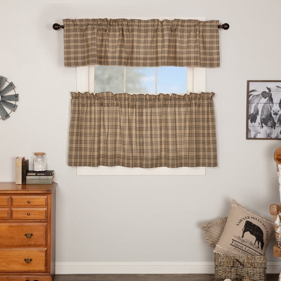 VHC Brands Sawyer Mill Charcoal 3 PC Plaid Curtain Set (1 Valance 16x72 and 2 Tier 24x36)