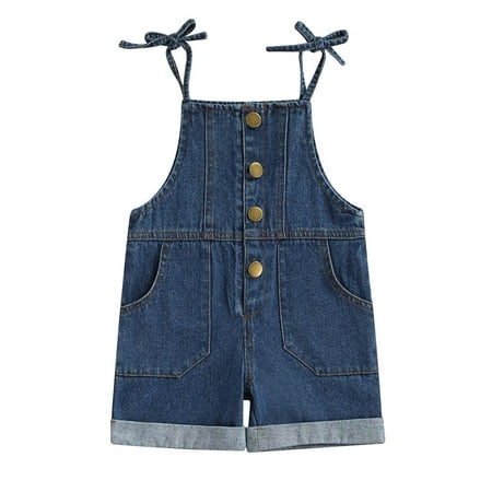 

Calsunbaby Kids Baby Girls Denim Overall Shorts Spaghetti Straps Button Closure Casual Jumpsuit Summer Clothes Blue 5-6 Years
