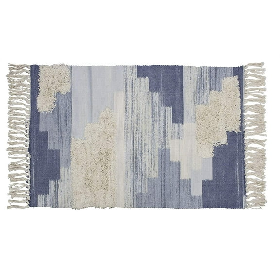 Fennco Styles Ivory Blue Geometric Print Woven Rug Tassel Area Rug - 20 x 32 Inch Small Rag Rug for Home Decor, Bed Room, Entryway Mat, Floor Décor