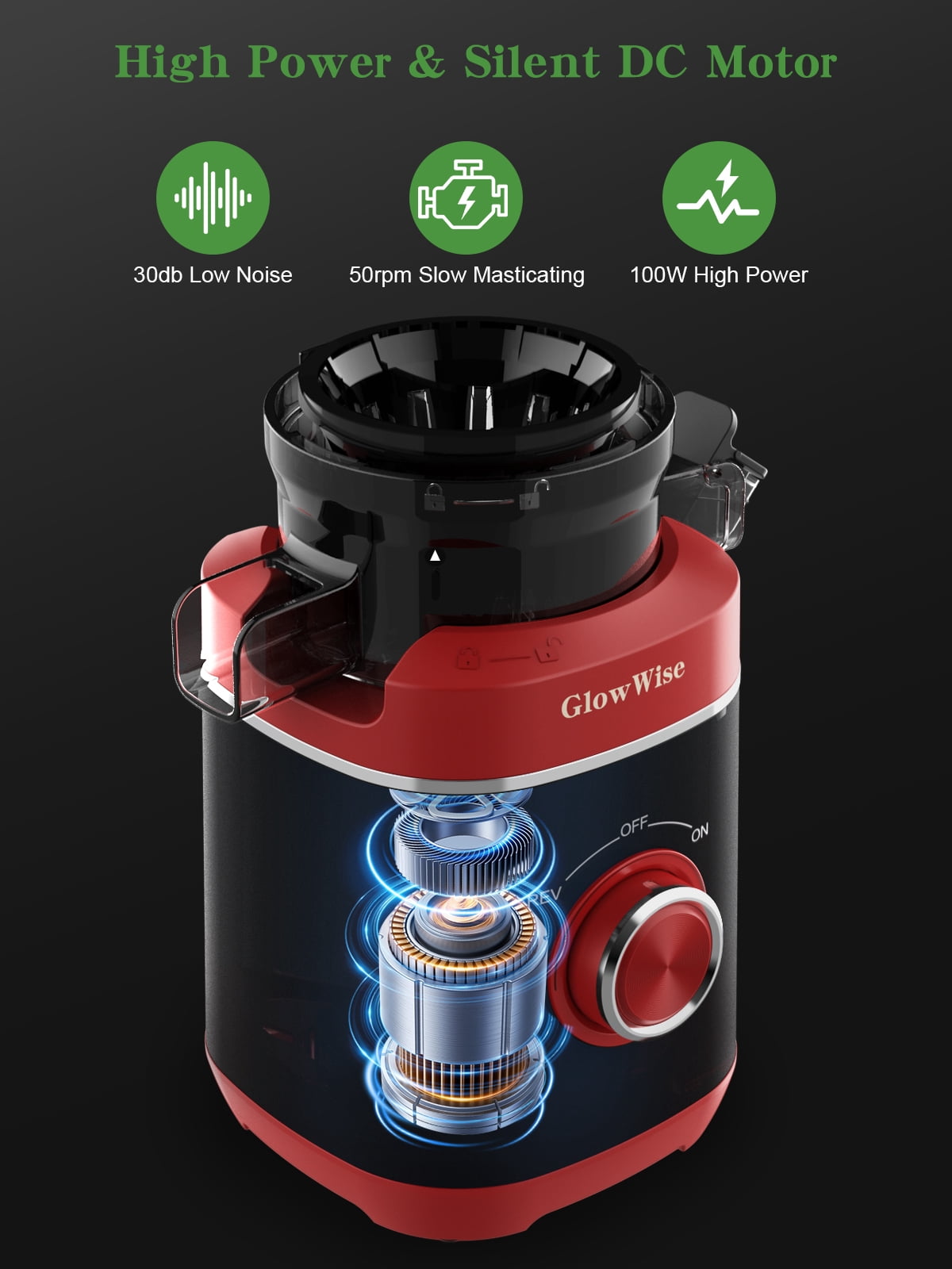 GlowWise Juicer Machines with Built-in Blades for Slicing Whole Fruits & Vegetables, Cold Press Juicer with 4.35" Large Feeding Chute, Easy to Clean, Quiet Masticating Juicer with High Juice Yield