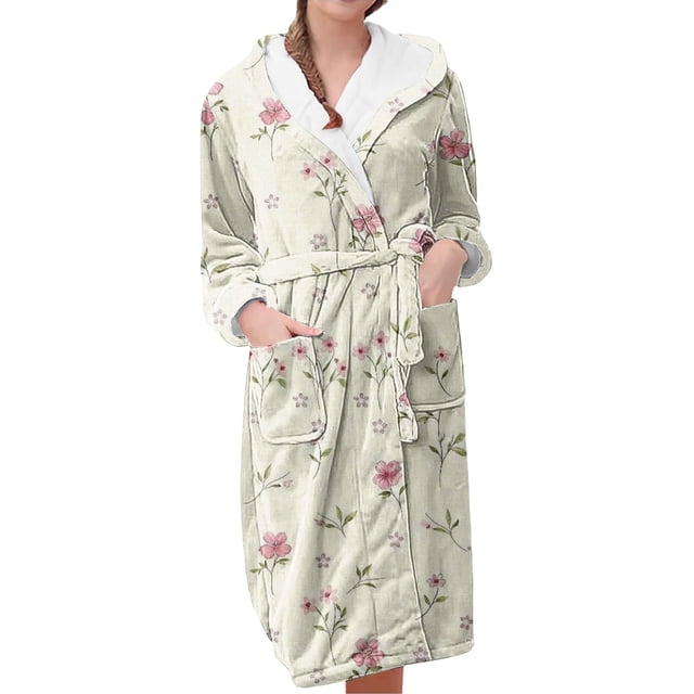Jindong Robes en Peluche pour Femmes Robe en Polaire Longue Chaude Peignoir de Bain Veste de Détente Imprimée Robe de Confort Robes pour Femmes