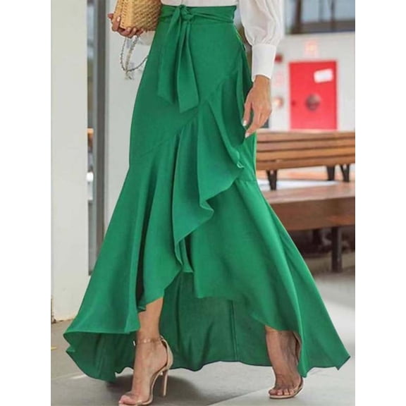 OYYN Women's A-Line Asymmetrical Ruffle Hem Tie Waist Maxi Skirt