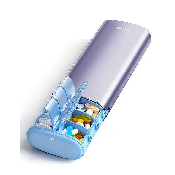 Vaydeer Organisateur de Pilules Hebdomadaire 7 Jours 2 Fois par Jour, Étui à Pilules de Voyage en Métal Am Pm, Grande Capacité Deux Fois par Jour, Jolie Boîte à Pilules pour Suppléments, Pilules, Vitamines et Médicaments (Violet)