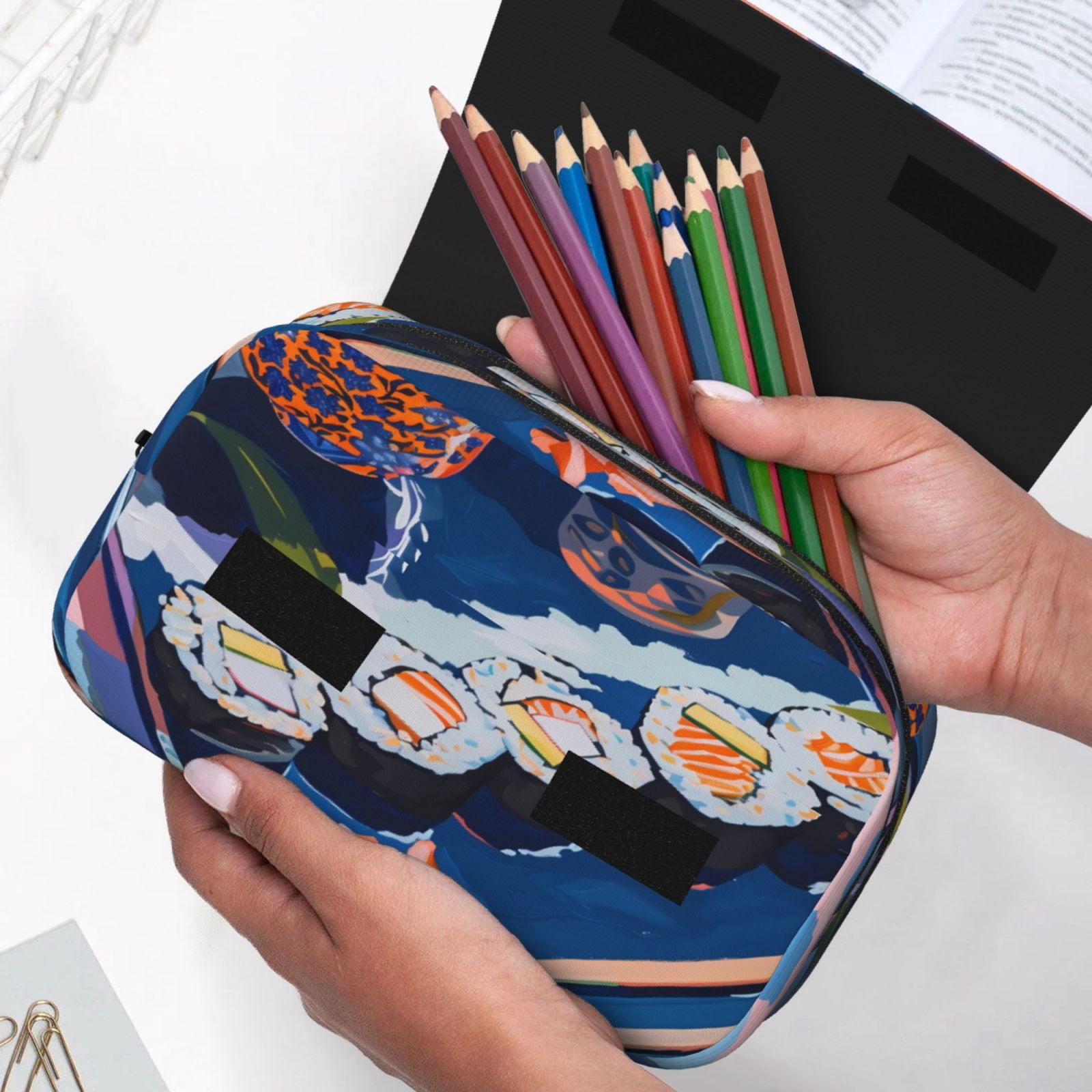 Rateoe Colorful Sushi Food Art Pattern Double Clamshell Pen Case, Storage Organizer with Two Zipper Compartments– Holds Up to 50 Pencils & Pens