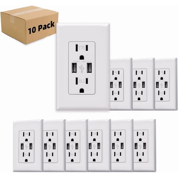 3.1 A USB Charger Wall Outlet Dual High Speed Receptacle 15-Amp, White, 10Pack