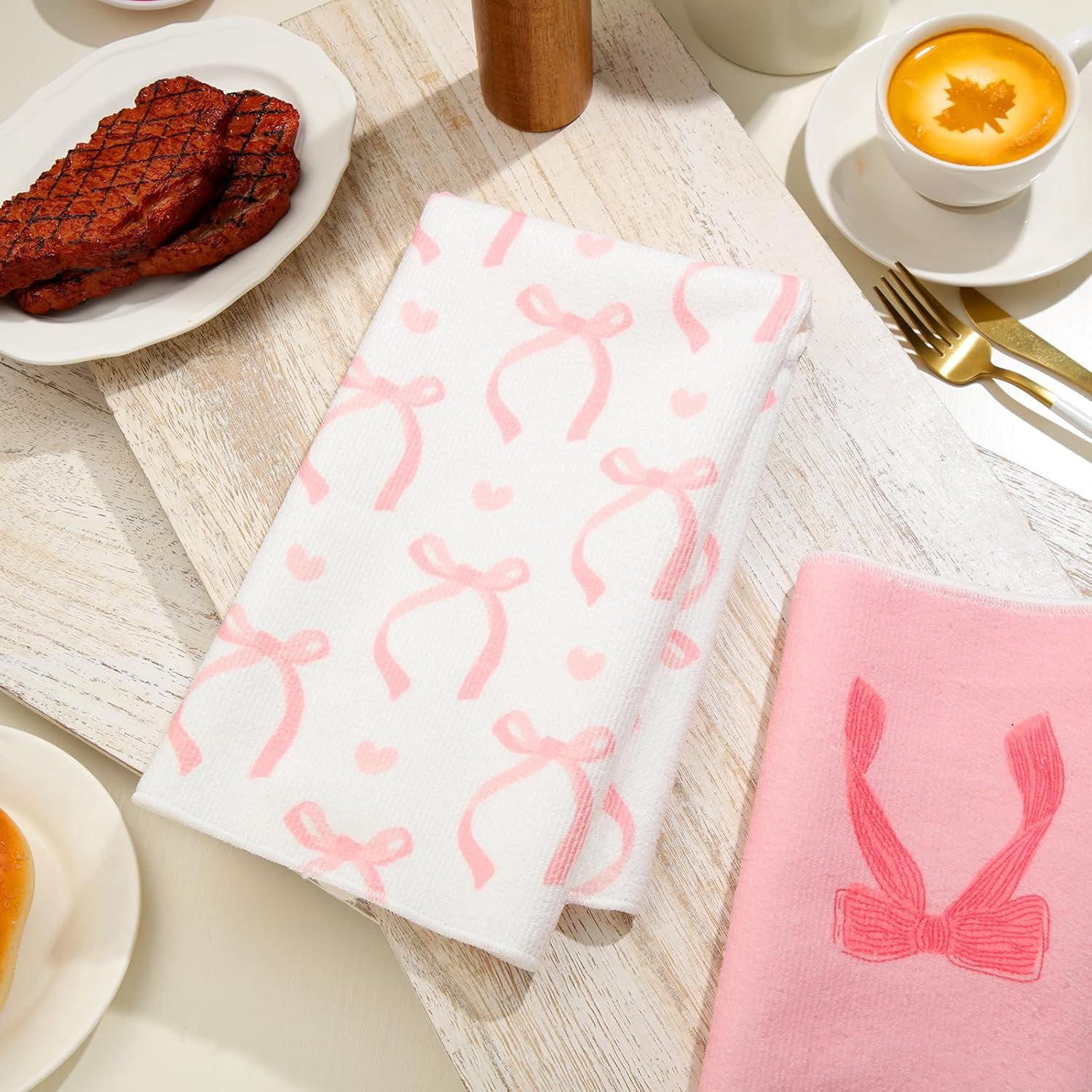 Pink Bow Hand Towels Set Pink Coquette Kitchen Towels 18 x 26, 6 Pack Coquette Decor Dishes Absorbent for Bathroom Kitchen Decor Soft Dish Cloth for Women Gifts