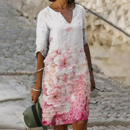 

YANHOO Womens 3/4 Sleeves Dresses Fashion Flowers Printed Waist Sundress V-Neck Knee-length Dresses for Women 2023