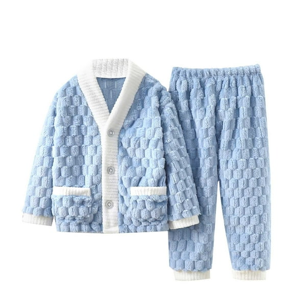 Ruyang Toddler Baby Warm Flannel Sleepwear Set Kids Long Sleeve Button Down T-Shirt Pants for Boys Girls Nighty Outfit