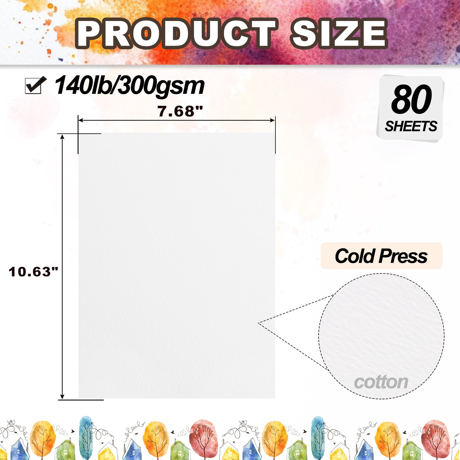 Uxcell 80 Sheets Cotton Watercolor Paper 140lb/300 GSM Cold Press Water 10.63x7.68 Inch