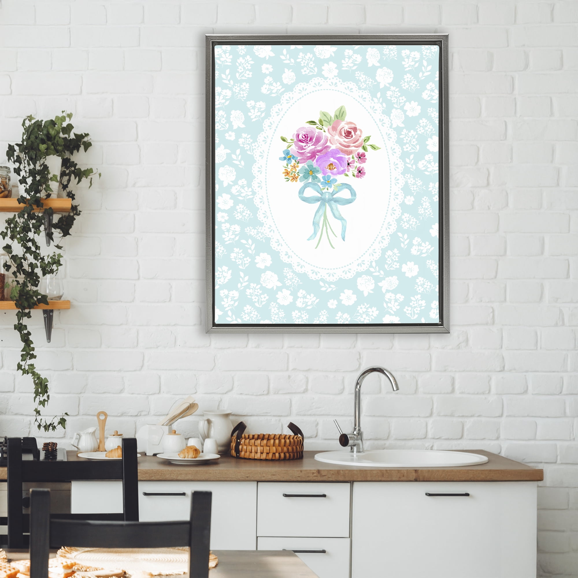Stupell Industries Aqua Feminine Bouquet Gray Framed Floater Canvas Wall Art, design by Corinne Haig