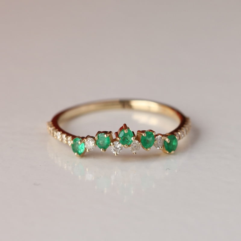 Green Sapphire & Diamond Crown Ring, Matching Band, Alternate Gemstone Band Ring, Curve Ring, Dainty Band For Women, Stackable Ring