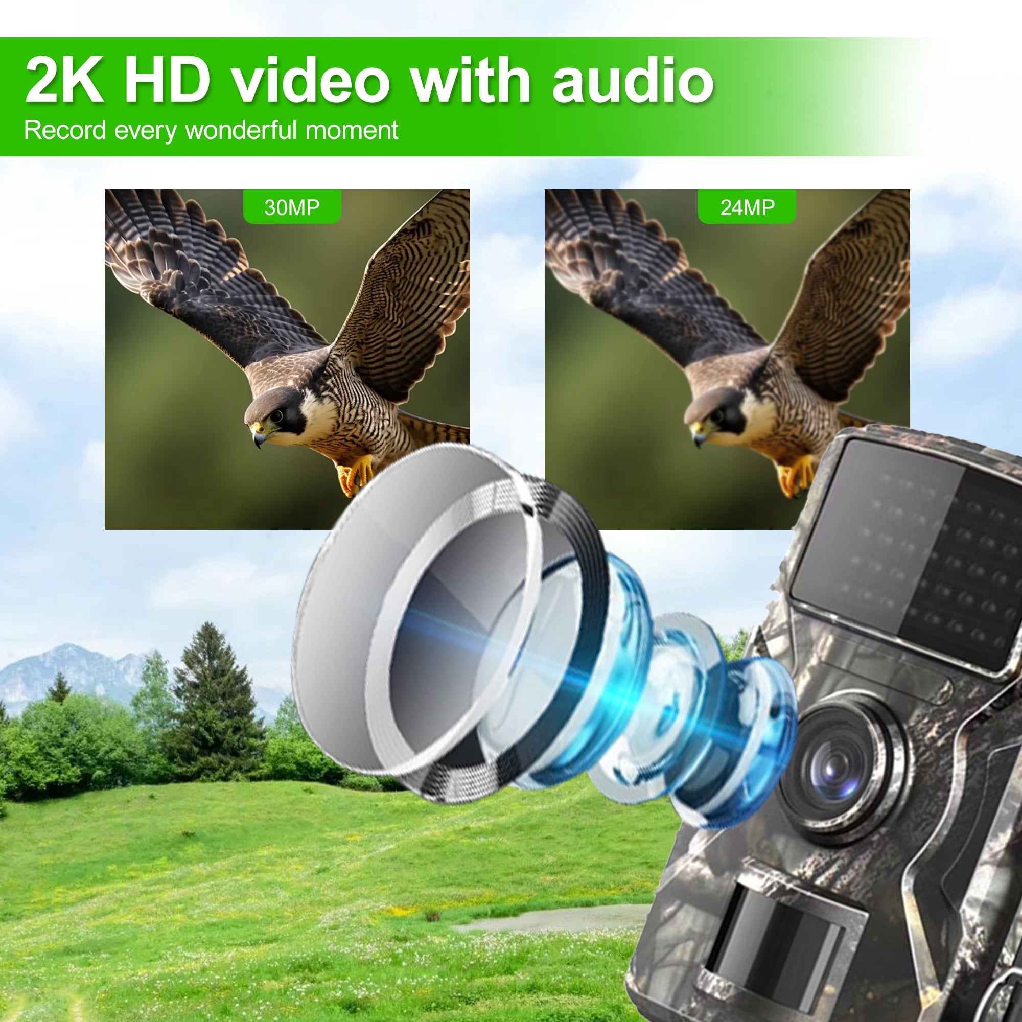 Trail Camera with 2K HD Night Vision, 4MP, 0.4s Trigger Speed, 130° Lens, IP66 Waterproof
