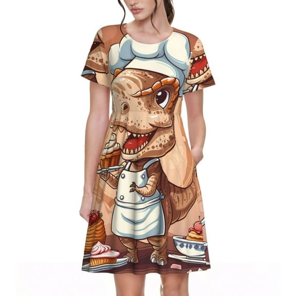 Naloa Dinosaur Baking Delight Print Womens Summer A-Line Dress with Pockets,Short Sleeve Dresses,Flowy Beach Swing Dress for Vacation Travel