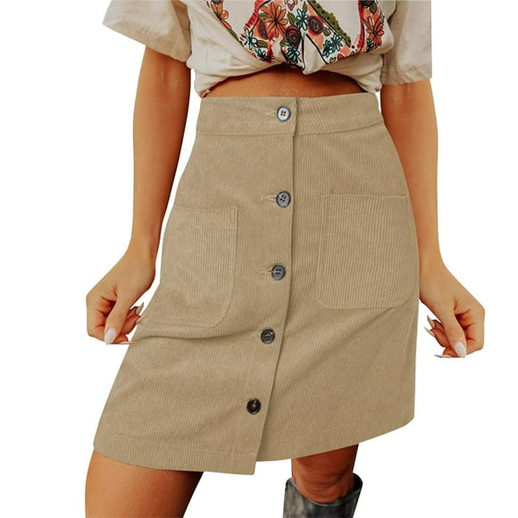 Yoodem Skirts for Women Satin Skirt Womens Corduroy Skirts Fall Winter High Waist Button Down a Line Short Mini Skirt with Pockets Sequin Skirt Khaki XL