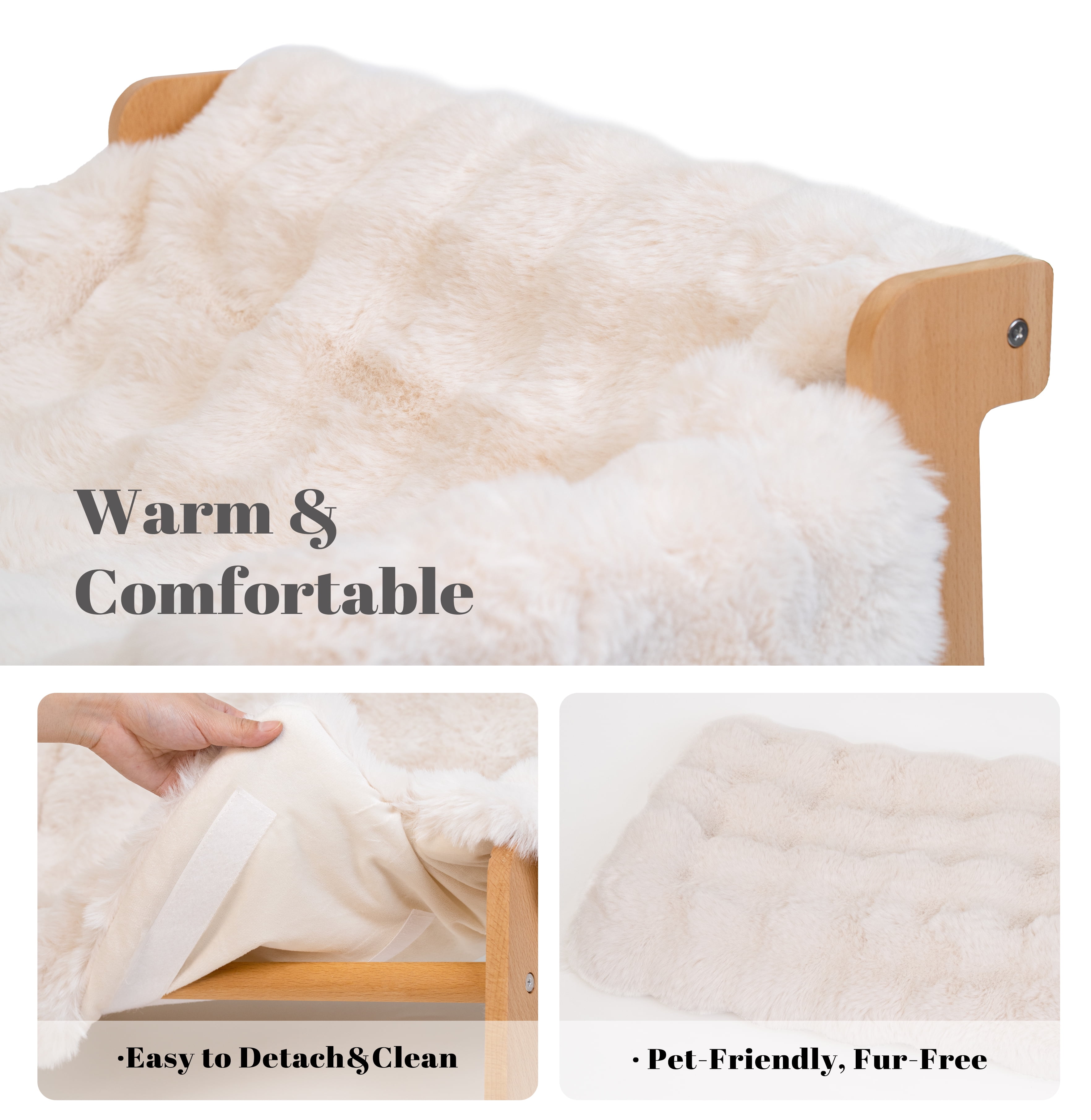 CheerPals Raised Cat Bed, Elevated Wooden Cats Sofa Fluffy Pets Lounge Chair, off-White(27.2"X18.6"X11.8)