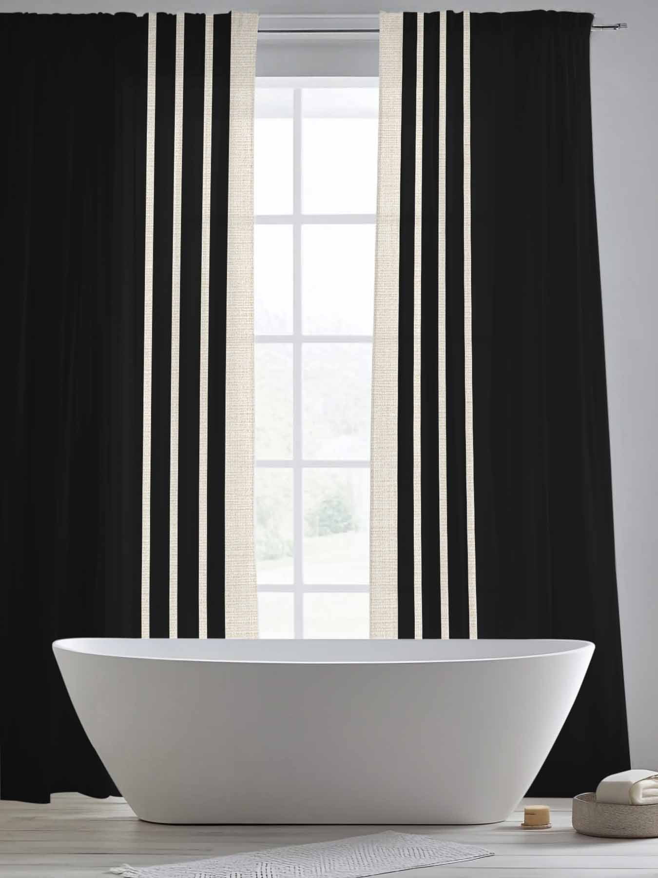 Black Stripe Line Chiffon Sheer Curtains 84 Inches Long, Retro Linen 2 Rod Pocket Window Treatment Voile Drapes Curtains for Living Room Bedroom,2 Panels, 52x84In