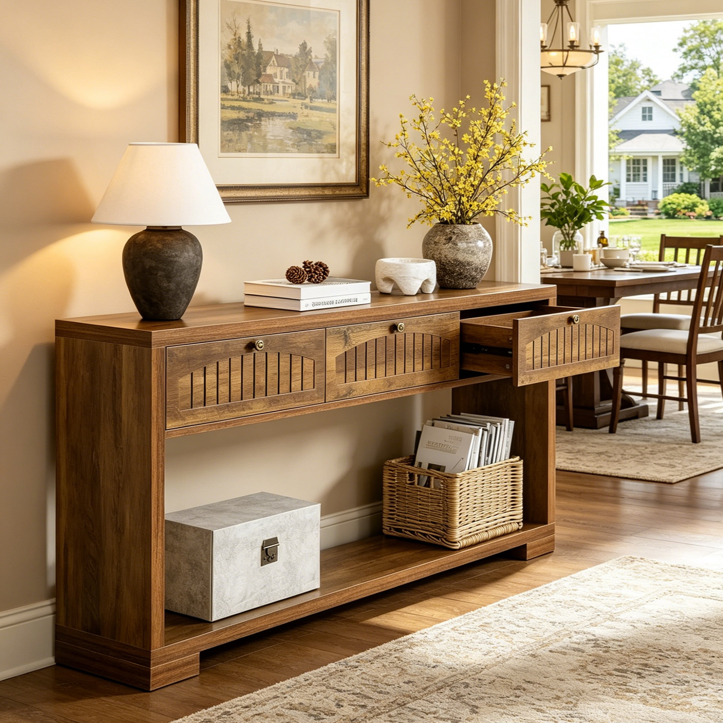 Fnova 70.8" Farmhouse Console Table, 3-Drawer Narrow Entryway Table with Open Shelf, Long Narrow Sofa Table for Living Room, Hallway, Foyer