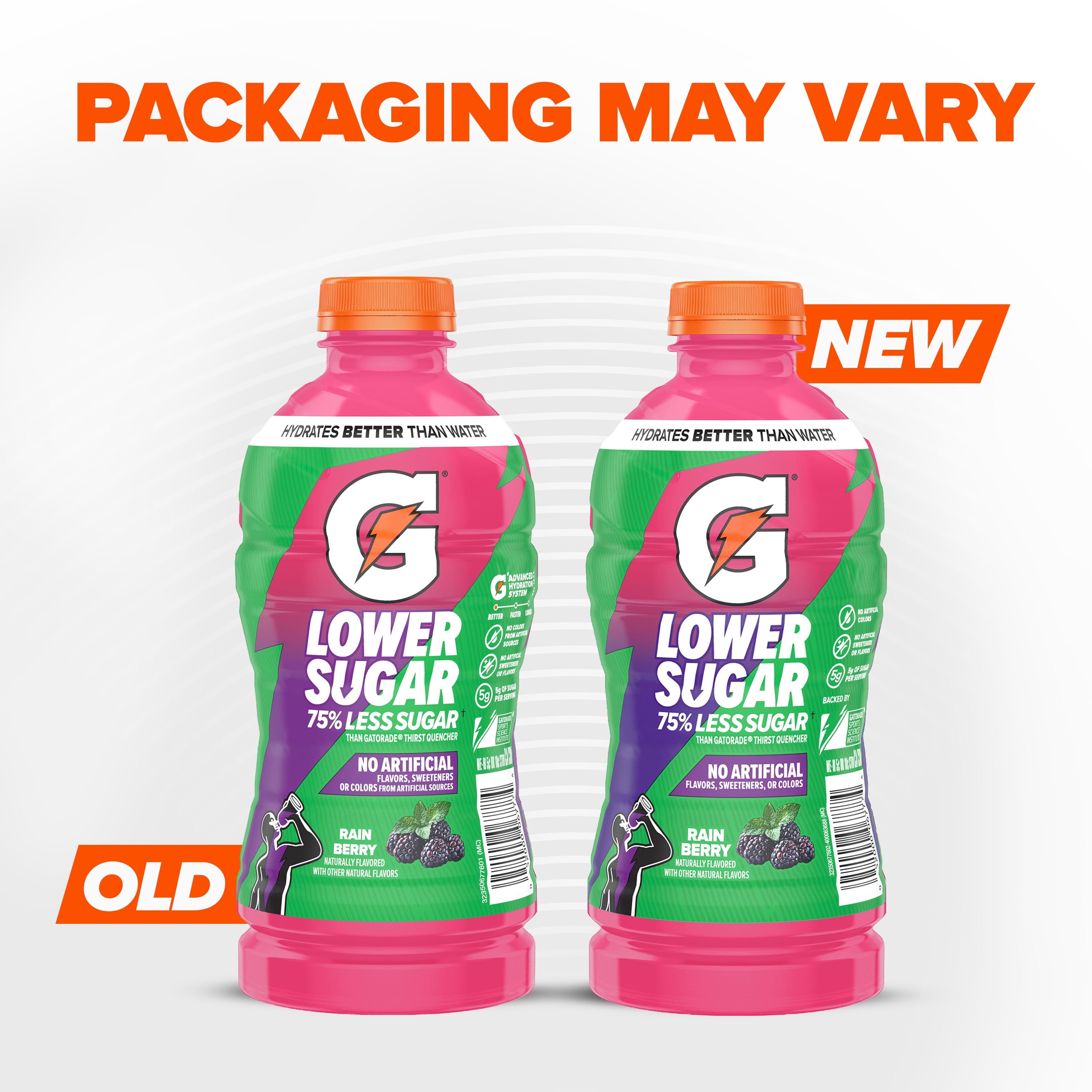 Gatorade Lower Sugar, No Artificials Rain Berry Flavored Electrolyte Sports Drink, 28 fl oz, 75% Less Sugar, Hydration