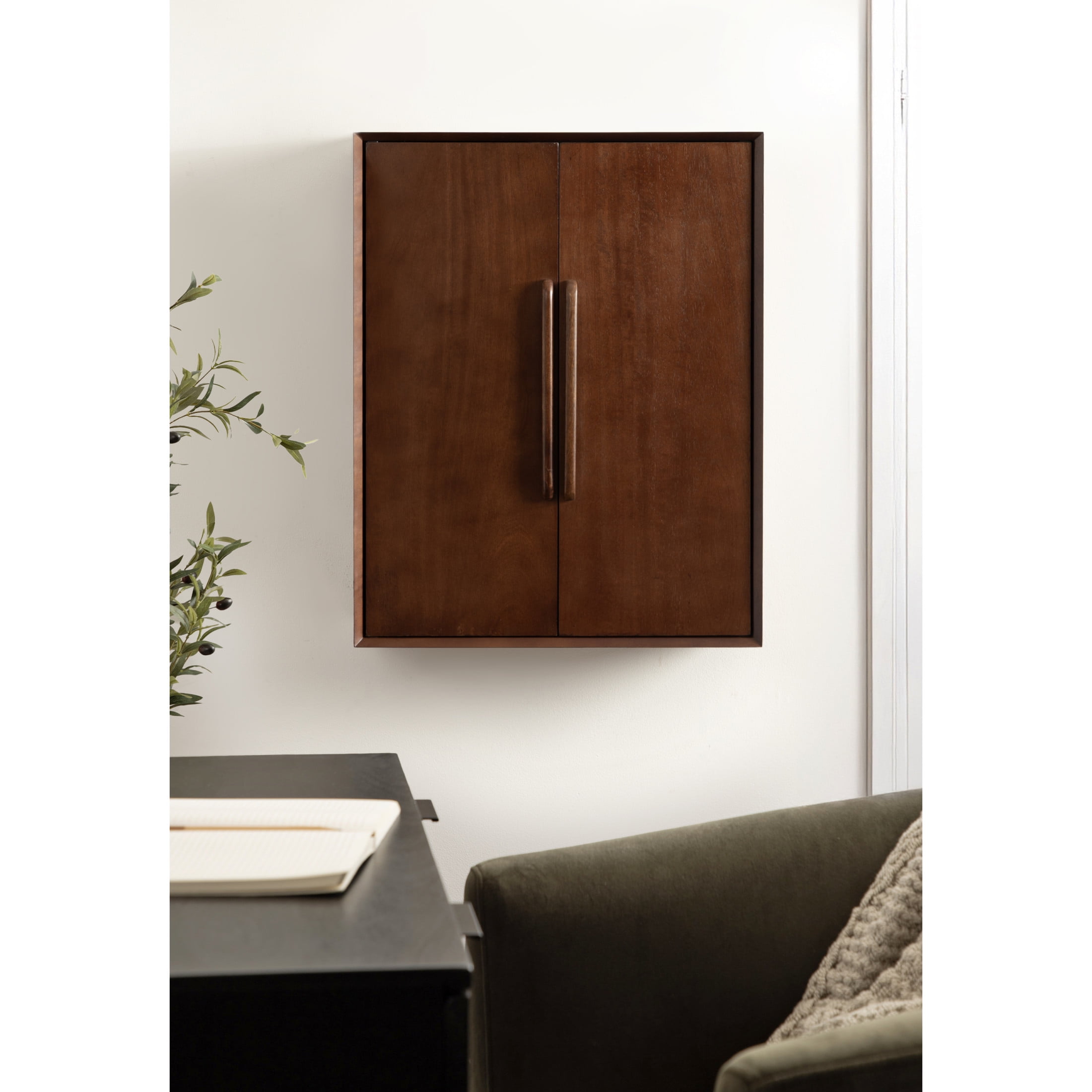 Kate and Laurel McCutcheon Modern Two-Door Floating Bathroom Cabinet, 22 x 7 x 28, Walnut Brown, Decorative Mango Wood Over the Toilet Storage Cabinet for Living Room or Entryway Decor
