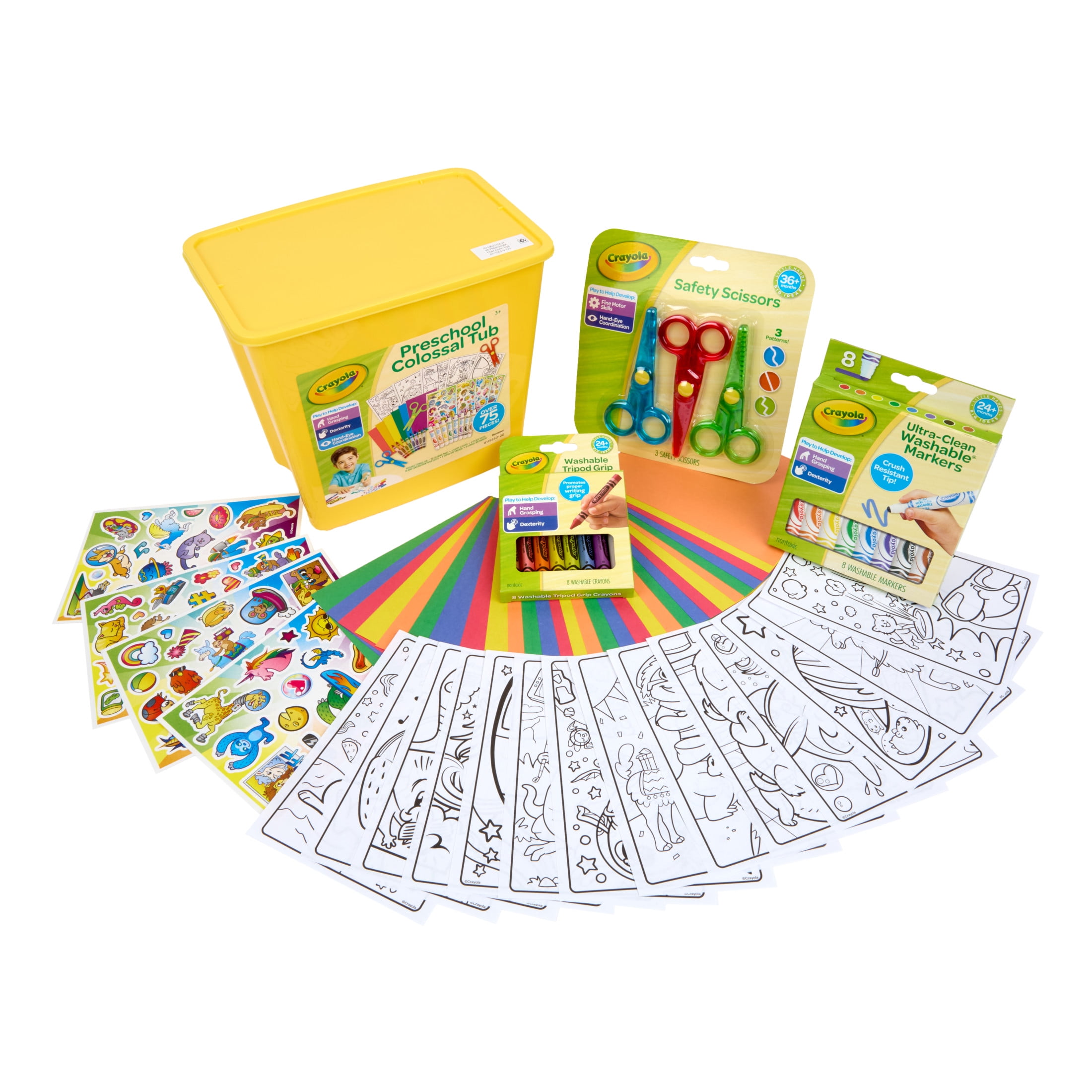 Crayola Young Kids Preschool Colossal Tub, Arts and Crafts Kit, Tipod Markers, Safety Scissors, Creative Toddler Gift, Ages 3, 4, 5, 6