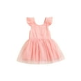 thumbnail image 1 of Qmyliery Little Girl’s Fly Sleeve Dress,Solid Color Round Neck Mesh Yarn Stitching A-line Dress, 1 of 9