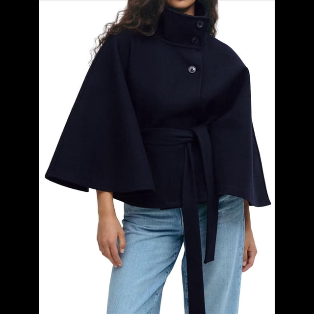 Ponchos con Mangas de Murciélago para Mujer, Abrigo de Lana con Cuello Alto y Cinturón, Chaqueta Corta de Invierno Marina XL