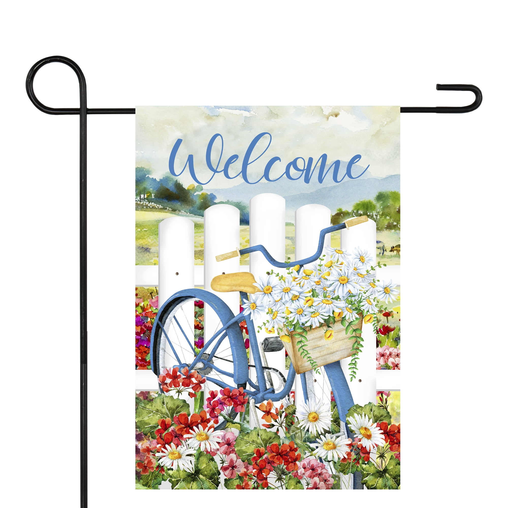 Welcome White Picket Fence Floral Outdoor Garden Flag 12.5" x 18"