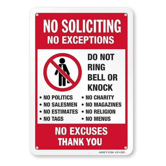 No Soliciting Sign, Funny Decor for House Door Office Business Yard,Metal Aluminum Rust Free, Excuses, Exceptions