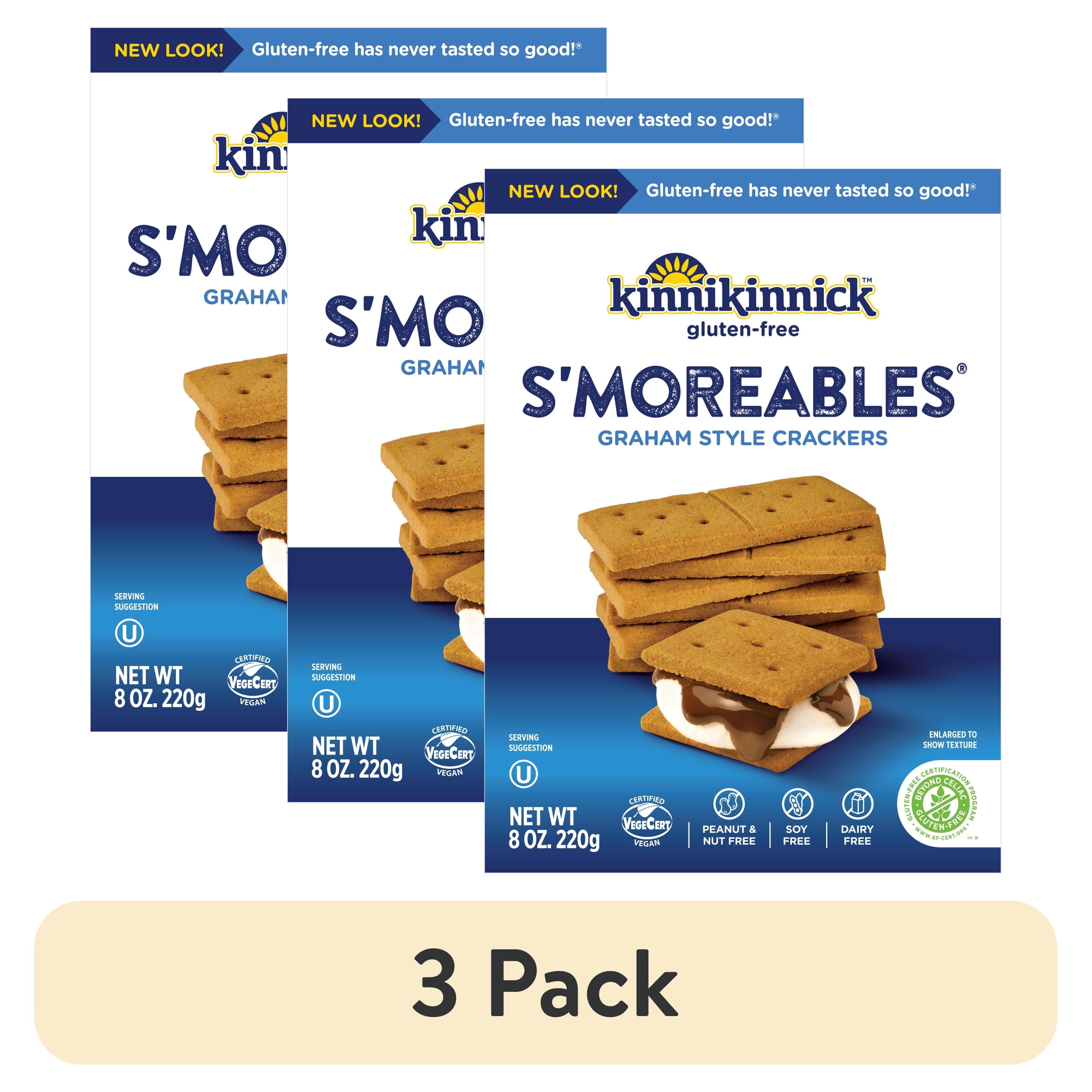 (3 pack) Kinnikinnick Gluten-Free Smoreables Graham Style Crackers Gluten-Free Crackers Gluten-Free Vegan Kosher Peanut Free Nut Free Soy Free Dairy Free 8 oz