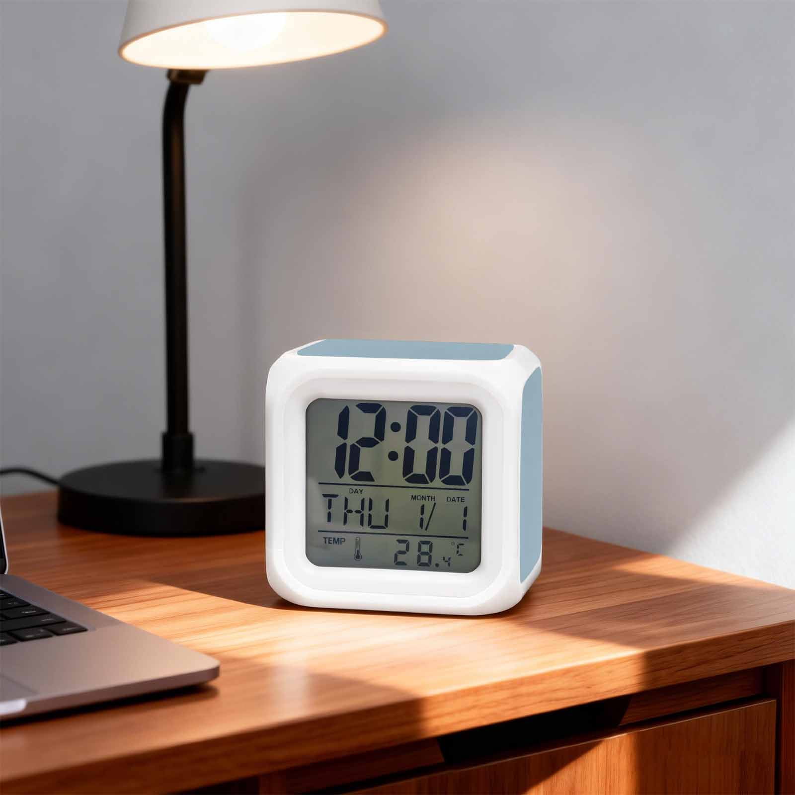 Sky Blue Digital Alarm Clock for Bedrooms, Smart LED Alarm Clock with 7 Color Changing Night Light, Modern Pure Winter Sky Blue Silent Wake Up Clocks for Sleep Study Cooking 3.2"x3.2"