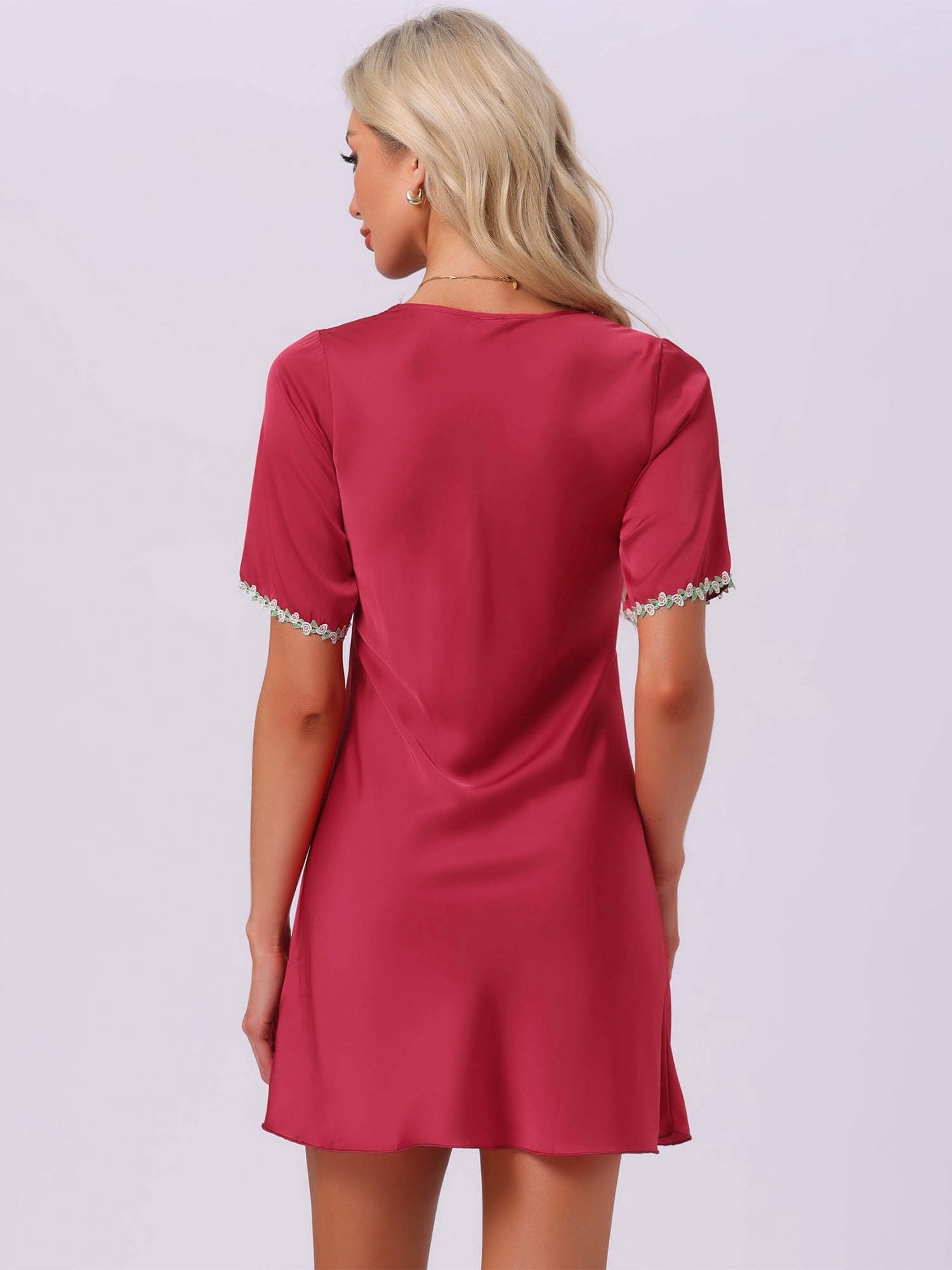 DARING DIVA Women's Floral Satin A-line V Neck Short Sleeve Sleepdress XL Red