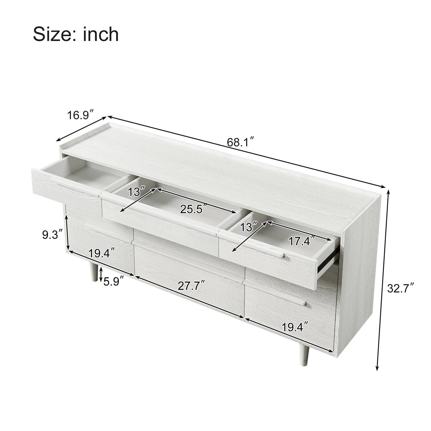 Kadyn 9-Drawer Dresser, Solid Wood Storage Dresser Closet with Solid Wood Legs, Modern Horizontal Dresser for Living Room, White Kadyn 9-Drawer Dresser, Solid Wood Storage Dresser Closet with Solid Wood Legs, Modern Horizontal Dresser for Living Room, White