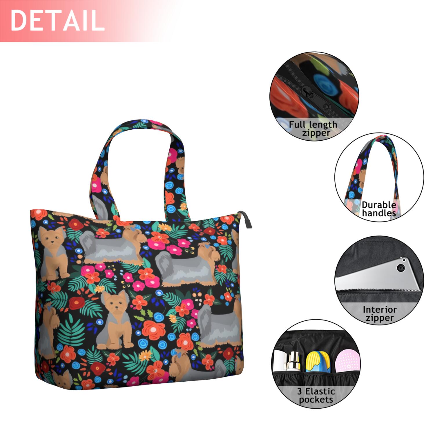 Yorkie Dog and Flower Florals Travel Tote Bags for Women Carry On,Large Weekender Bags for Women Travel,Multi Functional Duffle Bag for Work,Shopping,Sports