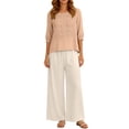 thumbnail image 4 of Womens 2 Piece Linen Suits 2026 Summer Plus Size 3/4 Sleeve Embroidered Tops Wide Leg Pants Casual Boho Beach Cute Outfits, 4 of 6