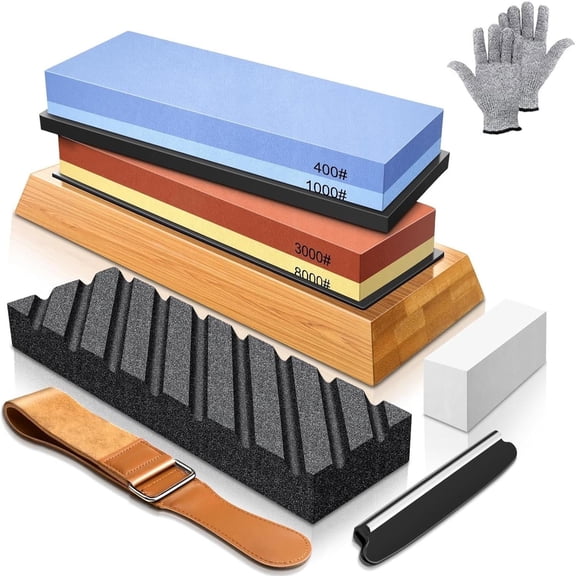 Complete Knife Sharpening Stone Set – Dual Grit Whetstone 400/1000 3000/8000 with Leather Strop, Flattening Stone, Base, Non-slip Bases , Angle Guide,Cut-Resistant Gloves