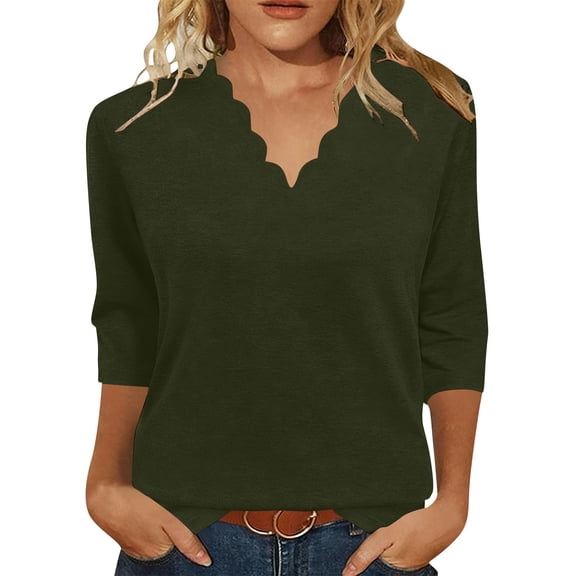 Womens Short Sleeve 3/4 Sleeve V Neck Blouses Solid Color Shirts Loose Fit Summer Tops Lightweight Breathable Tees for Daily Outfit Fall Fashion Clothes